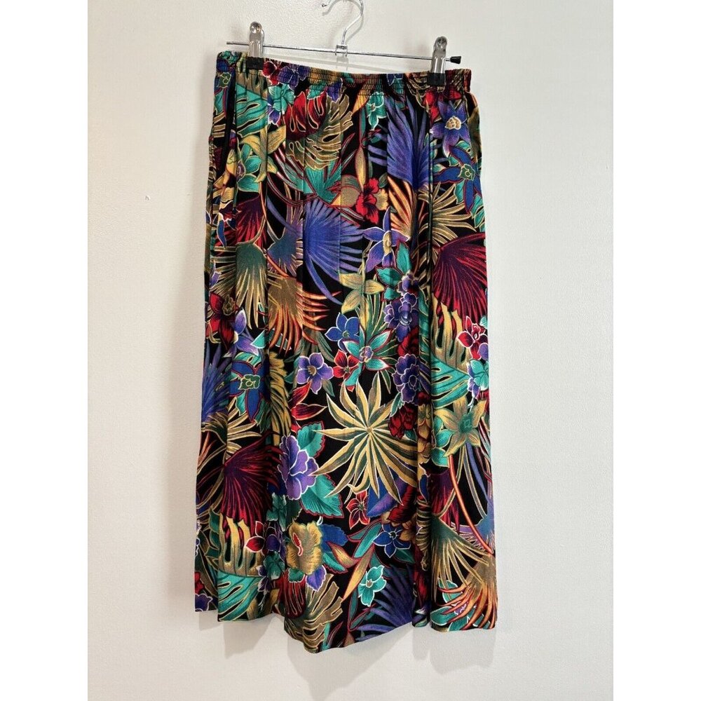 Vintage Pull On Tropical Floral Rayon Skirt Size 12 with Pockets Made in USA